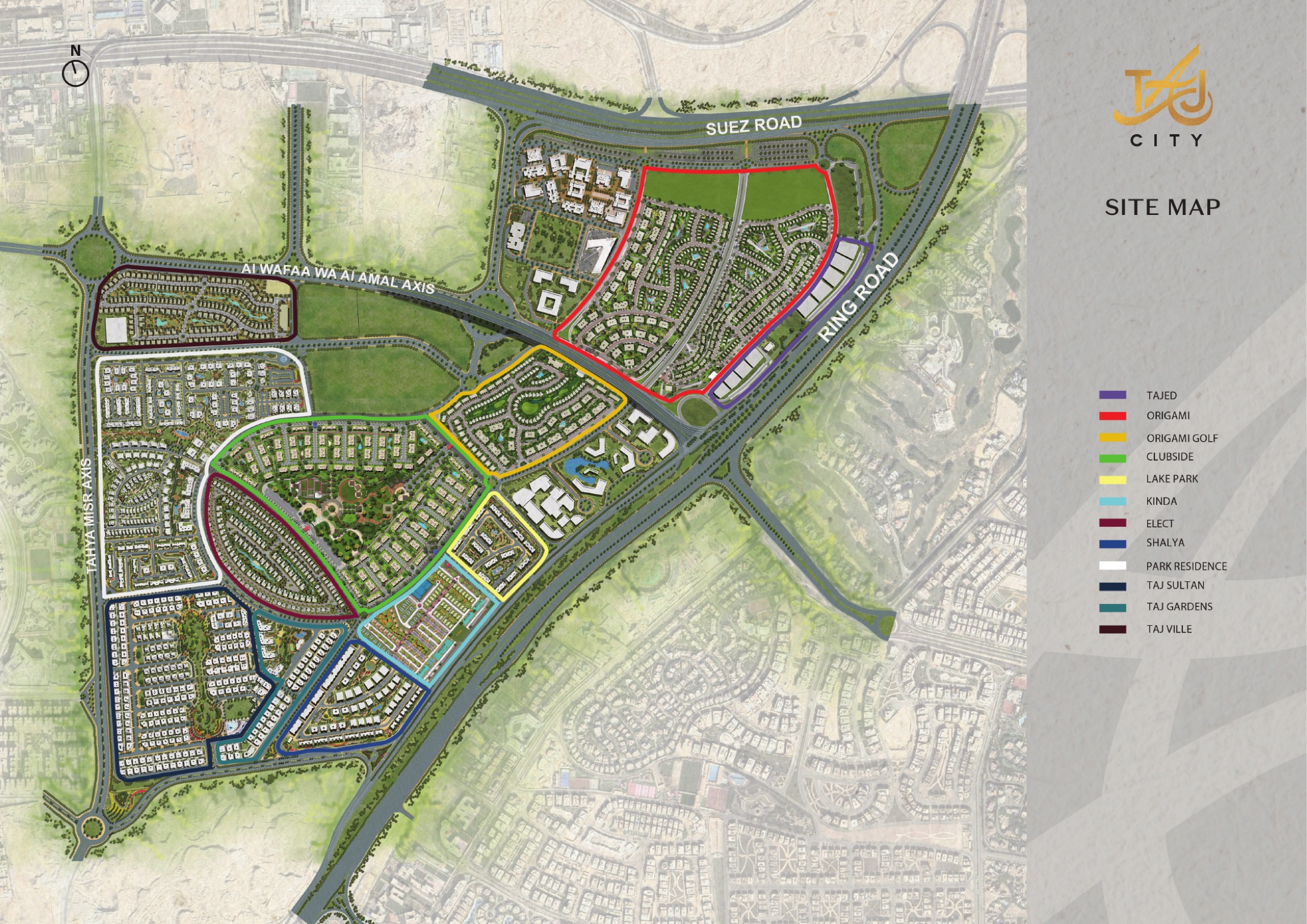 Taj City masterplan showing its residential neighborhoods and main roads